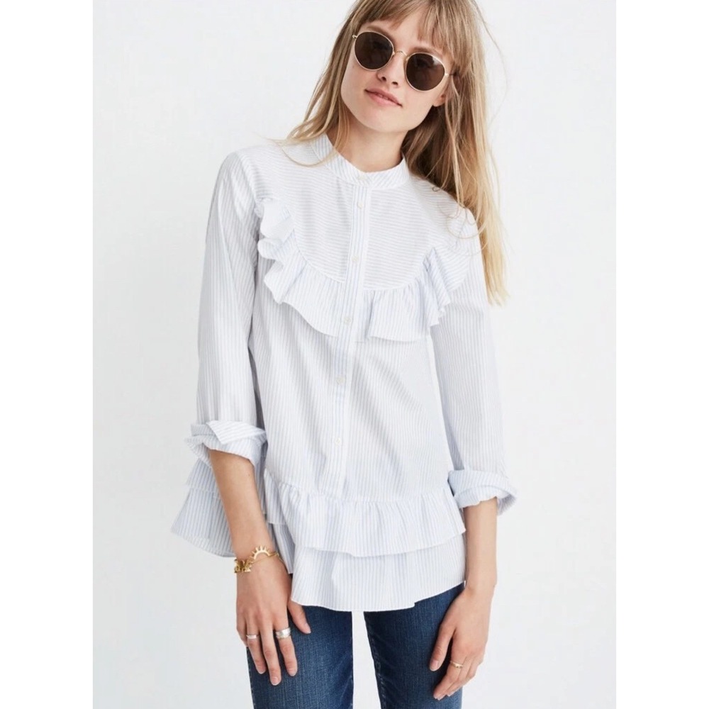 Madewell x Karen Walker Annie Shirt  Striped Ruffle Collar‎ Button Up Women Sz S